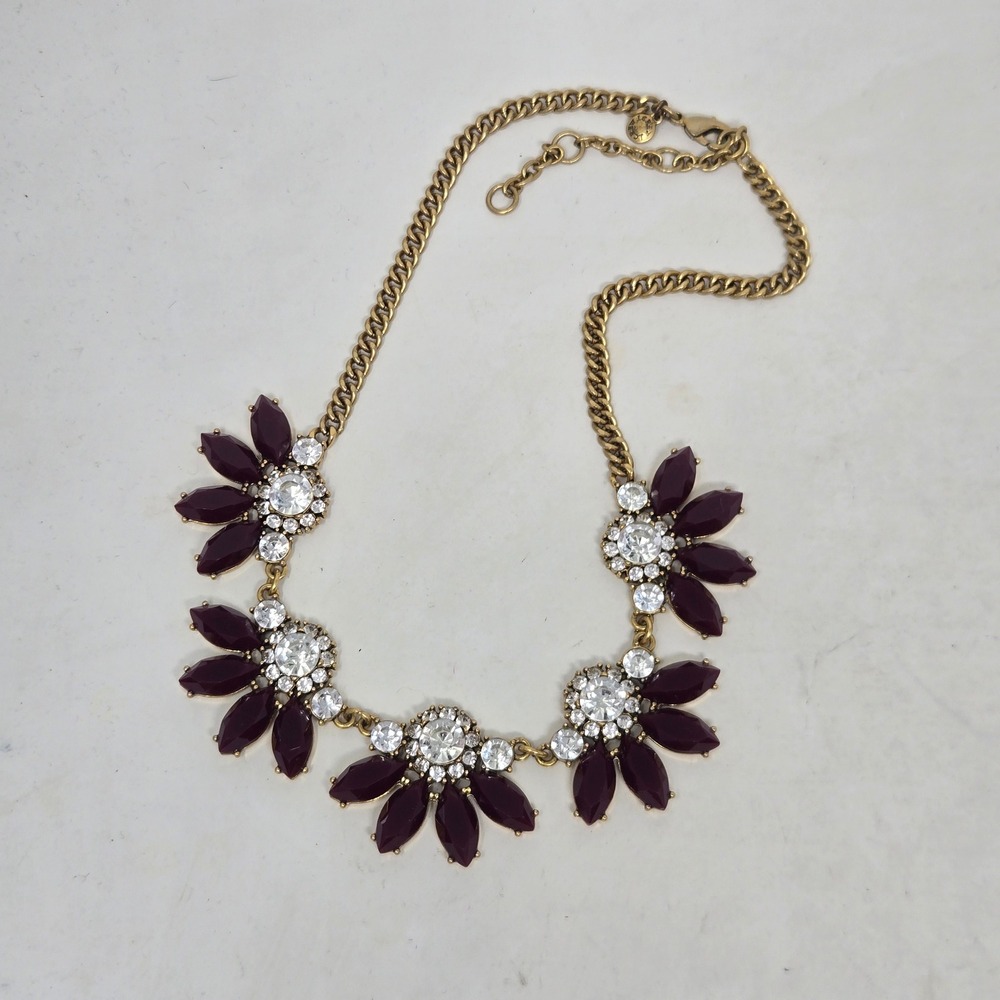 J.Crew Statement Necklace Gold Tone Burgundy Floral Crystal Bib 19 Inch